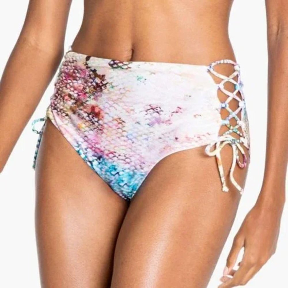 Rachel Roy Womens Small Luminous Snake-Print Lace-Up High-Waist Swim Bottom 1489